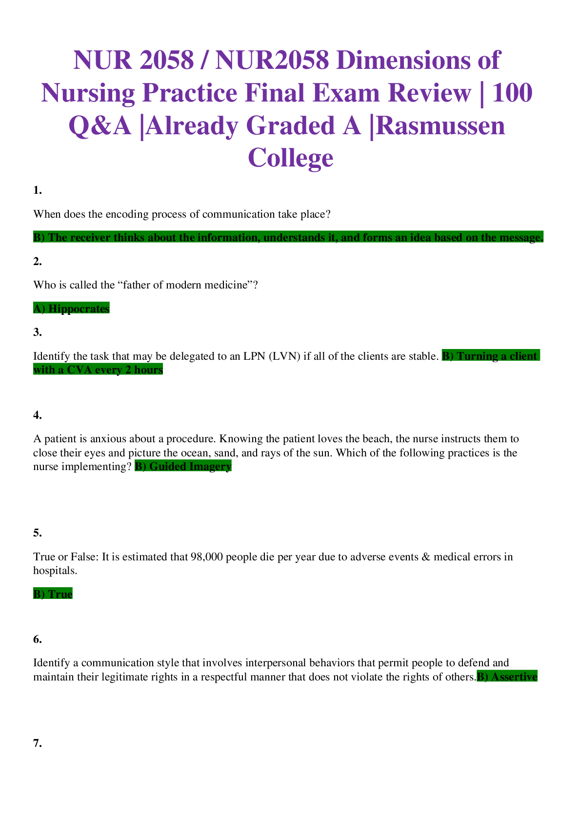 Preview of NUR 2058 / NUR2058 Dimensions of Nursing Practice Final Exam Review | 100 Q&A |Already Gra